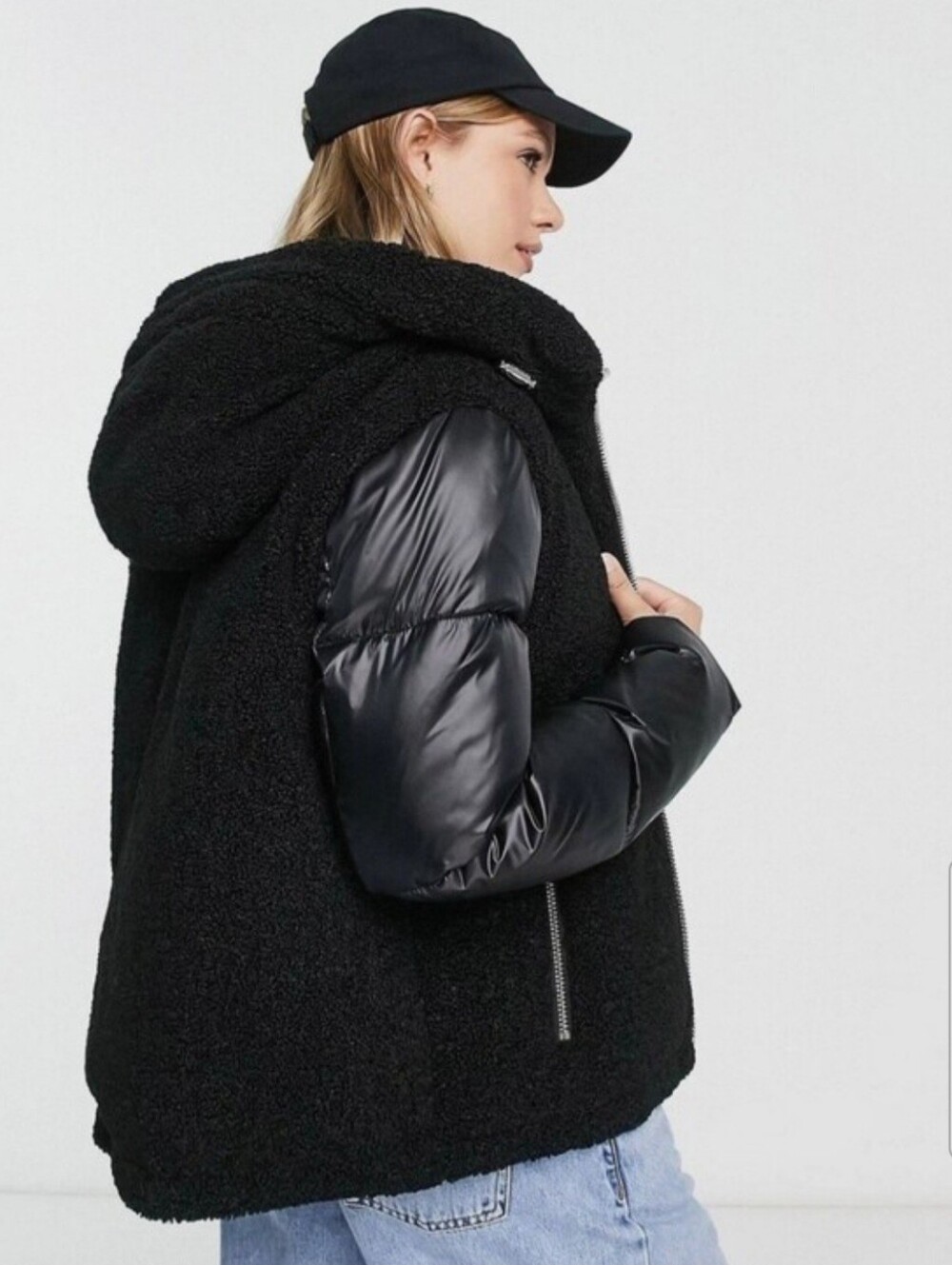 Calvin Klein Black Sherpa Front with Puffer Sleeve Bomber Jacket